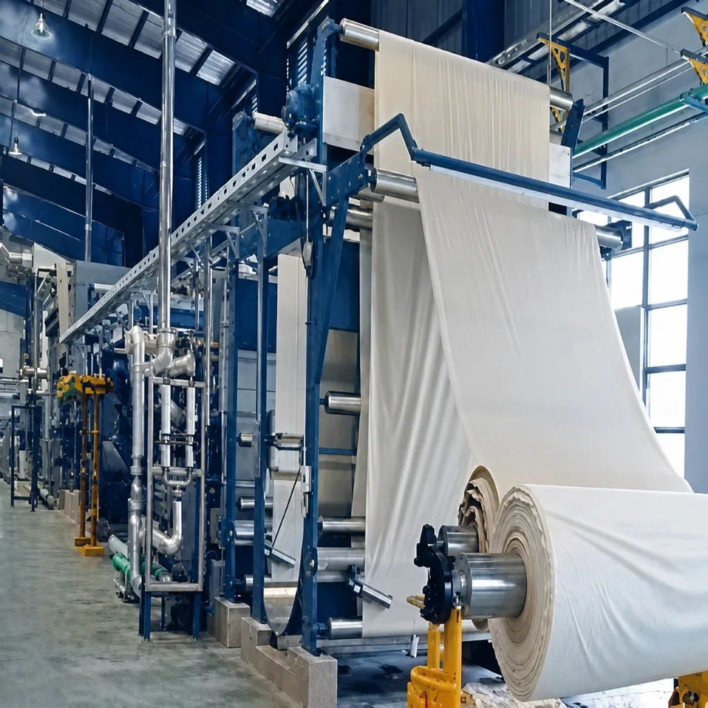 Industrial textile processing machine with large fabric rolls and blue metal frame in a factory